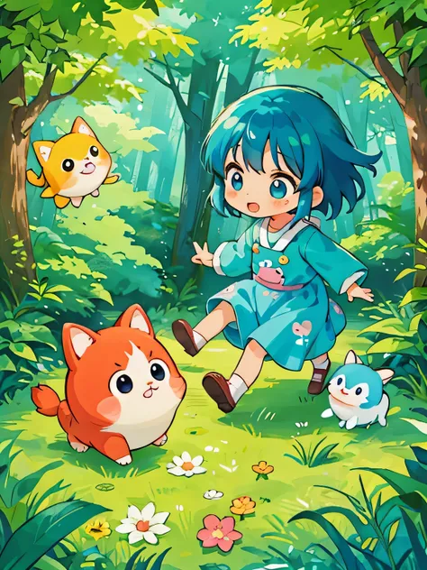 Fujio Akatsuka style, Kawaii Design, The most beautiful girl of all time、Chibi, play together、Colorful and cute forest animals