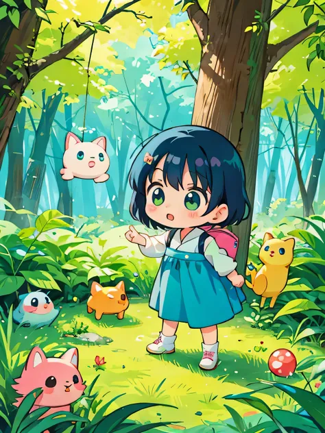 Fujio Akatsuka style, Kawaii Design, The most beautiful girl of all time、Chibi, play together、Colorful and cute forest animals