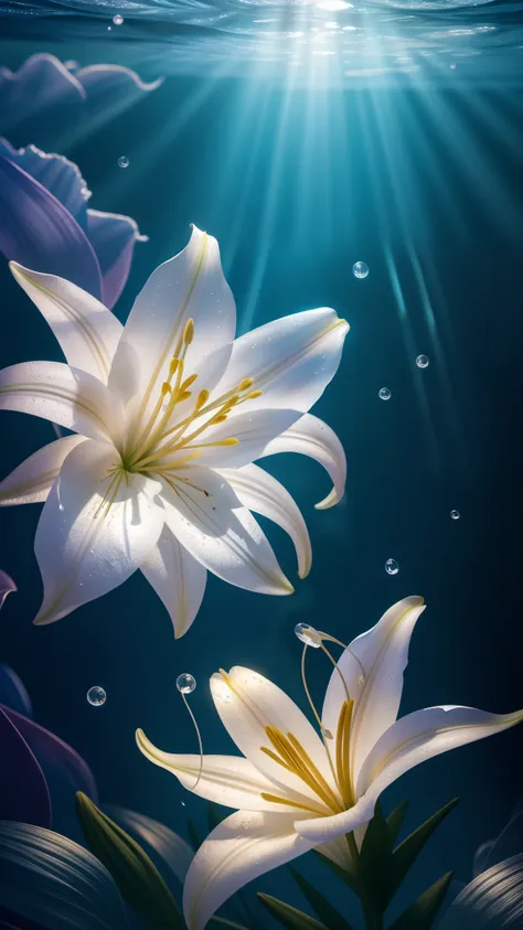 ((lily flowers)), super transparent, holy light, beautiful spectral light, petals glow, flashes, dark background, drops of trans...