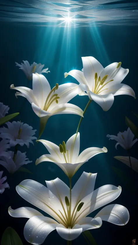 ((lily flowers)), super transparent, holy light, beautiful spectral light, petals glow, flashes, dark background, drops of trans...