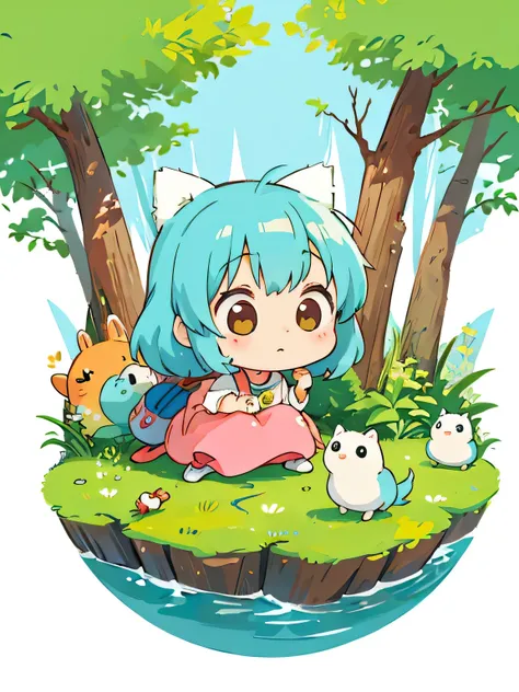 Hayao Miyazaki style, Kawaii Design, The most beautiful girl of all time、Chibi, play together、Colorful and cute forest animals