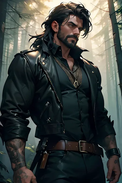 a dark-haired man with a black beard, wearing black clothes with feathers and leather, missing an arm, with perfect details and shadows, in a night forest with trees in the background, (best quality,4k,8k,highres,masterpiece:1.2),ultra-detailed,(realistic,...