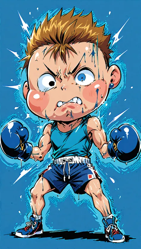 (in style of Takeshi Obata:1.3),
boxing posing, dynamic action, expressive action,boxing boy fullbody portrait,blue boxing gloves,(puffy eye sockets,bruising of the cheeks:1.8),boxing_shorts,