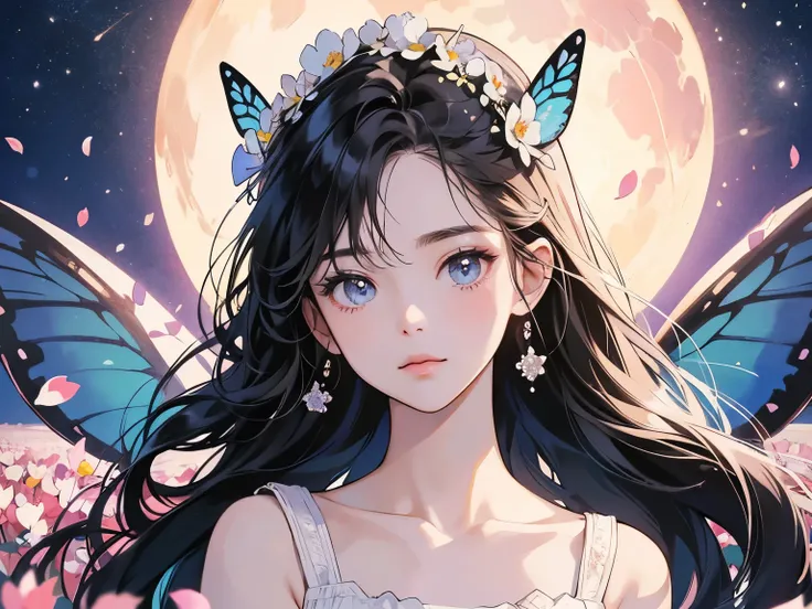 Flower Field、Petals fluttering、The wind is blowing、Butterfly wings grow、woman、1 person、White camisole、mysterious、Butterfly decoration on head、Sparkling Eyes、front、Looking at the camera、Everyone、lake、oasis、Lots of butterflies、universe、night、Large garden、Big...