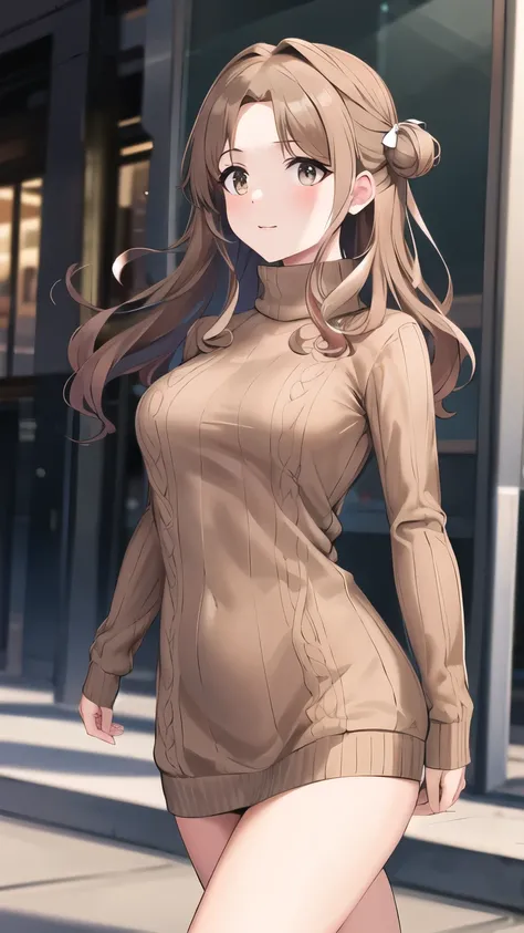 masterpiece, best quality, highres, hmhinana, long hair, single side bun, hair ribbon, cowboy shot, walking, street, turtleneck, virgin killer sweater, ribbed sweater, long sleeves,