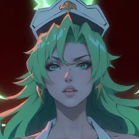 un primer plano de una mujer con cabello verde y un sombrero verde, la diosa hera luciendo enojada, la diosa hera luciendo enojada, gyro zeppeli, Sinfogear, Frontera macros, portrait caballeros de la chica del zodiaco, Tensei Shitara Slime Datta Ken, kajik...