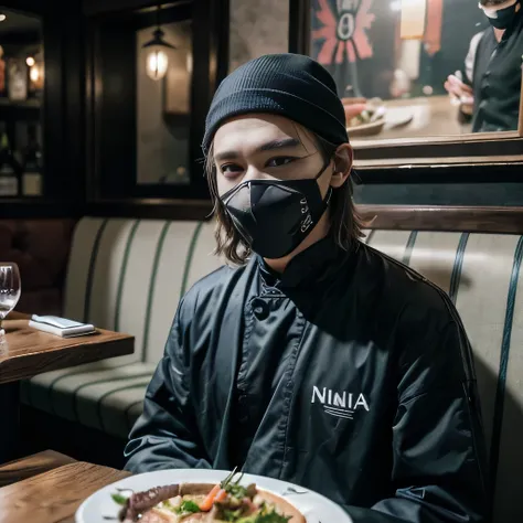 raw photo , 8K, ultra detailed, (realistic:1.2), (1man, ninja, mask:1.3), (steak:1.2), (restaurant:1.4), 