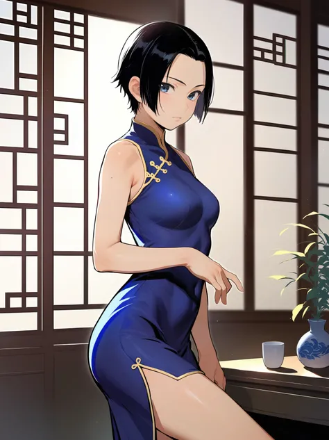 score_9, score_8_up, source_anime, solo, 1girl, tomboy, dress, boa hancock, lole, young, ((aged down)), ikuchan, black hair, black hair, oriental, Chinese dress, short dress, short hair, indoors 