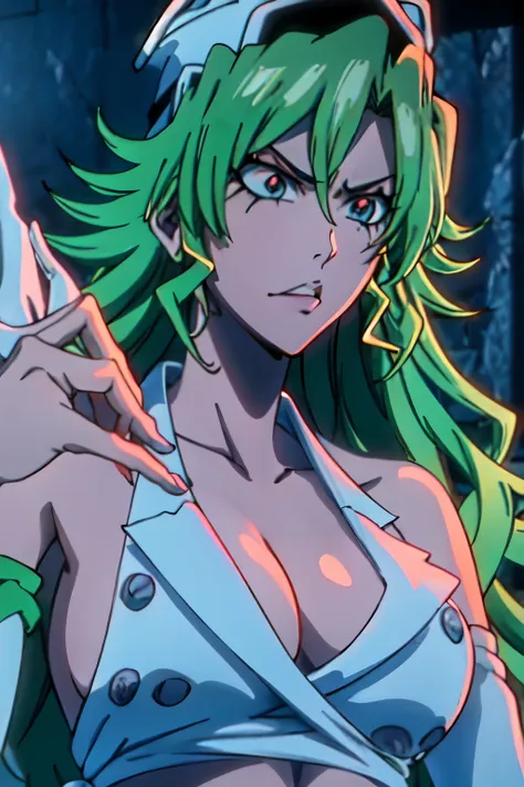 anime girl with green hair and a white shirt and a blue bow, the godess hera looking angry, in the anime film, the goddess hera ...