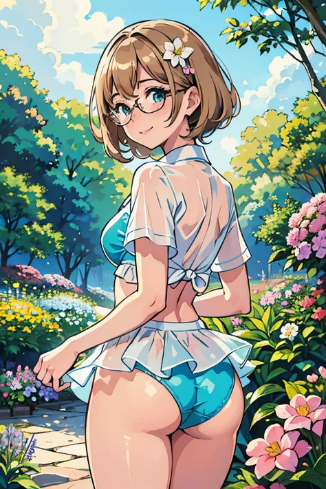 masterpiece, best quality, ultra-detailed, illustration, detailed light, happy, blush, Highlights hair, beautiful detailed body, detailed sparkling eyes, 1woman looking back, cyan transparent bikini, her hip, glasses, full view of buttocks, showing buttock...