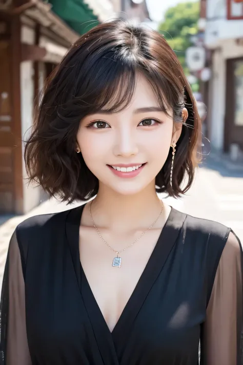 ２０Beautiful young woman of the year、 Korean women、Black Hair、Wavy Hair、short hair、ear piercing、Necklace around the neck、blouse、smile, Beautiful teeth alignment、Intricate details, Very detailed:1.2), 、 Looking into the camera,The background is the town

