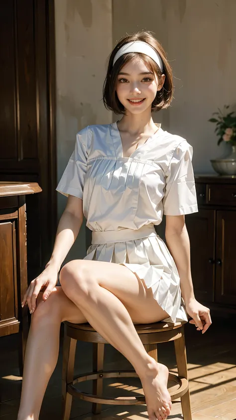 highest quality, masterpiece, Ultra-high resolution,16k,(((Face Focus))) (Realistic:1.6),((Portrait of a smiling person with their mouth wide open)) ,((Beautiful feet,)), ((White blouse with long pleated skirt)),((Slender body)),RAW Photos, 1 girl, 22 year...