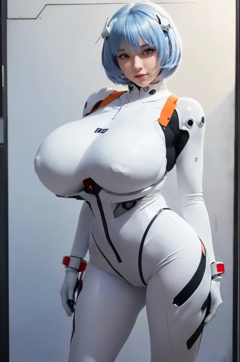 A 20-year-old with blue hair and a white suit poses for a photo, biomechanical tits, tits cyberpunk, Rei Ayanami, ayanami, Full Cosplay, Perfect android girl, Female cyborg body, rogue anime girl ayanami rei, Female body type, 2b, 2b ..., tits, Porcelain C...