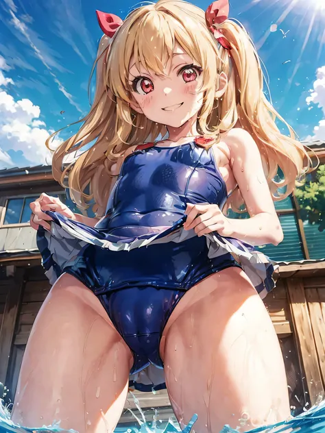 hosimiya ichigo,there is a drawing of an anime teen girl that is naked from her face to her ass, 1girl, swimsuit, cameltoe, solo, school swimsuit, one-piece swimsuit, outdoors, smile, blush, from below, breasts, wet, day, small breasts, covered nave, sky, ...