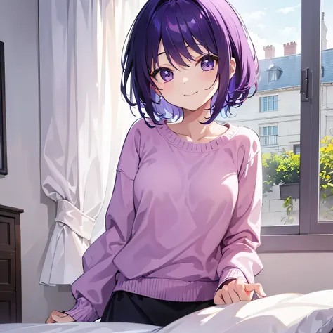 (T Masterpiece，4K wallpaper，Best Quality))、((girl１people))、(solo)、Bright and Brilliant，(Purple Hair)、(Shortcuts:1.3)、smile、Bedroom、sweater、morning