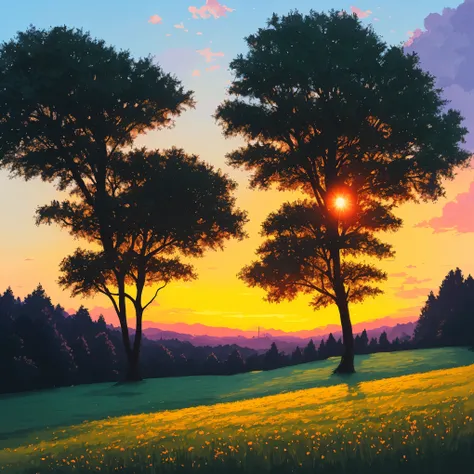 a painting of a sunset with trees and grass in the foreground, by sylvain sarrailh, sunset illustration, summer sunset, inspired by sylvain sarrailh, by Alena Aenami, by Atey Ghailan, by Justin Gerard, beautiful illustration, art of alena aenami, beautiful...