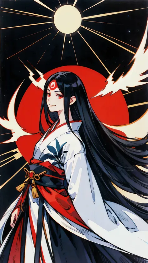 Amaterasu Omikami. God of Japanese mythology. Shining sun in the background. Long black hair. White and red kimono.Smiling Kindly