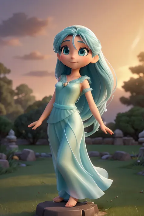 In the scene, a 3D stylized character with an ethereal appearance stands gracefully against a backdrop of a twilight sky, bathed in the soft glow of the setting sun. The character, with long flowing hair and radiant eyes, is portrayed in a unique, dynamic ...