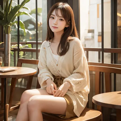 a beautiful young chinese girl, sitting cross-legged in an aesthetic cafe, wearing casual clothes, natural light from clear windows, detailed facial features, delicate feminine features, serene expression, intricate details, intricate background, warm ligh...