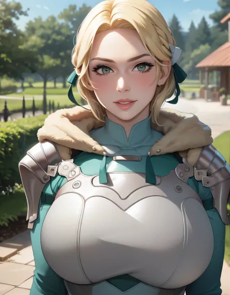 warIngrid, short hair, hair ribbons, shoulder armor, armor, breastplate 2.0, breastplate 2.0, underbust 2.0, green coat, fur trim, vambraces, blue gloves, green cape, (masterpiece, best quality, ultra-detailed), realistic style, very close up shot 2.0, gar...