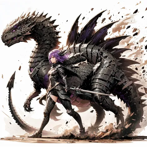 a girl fused with a dragon. image color is black. purple hair. bikini armor. a dragon's neck from her shoulder. scaly armor.