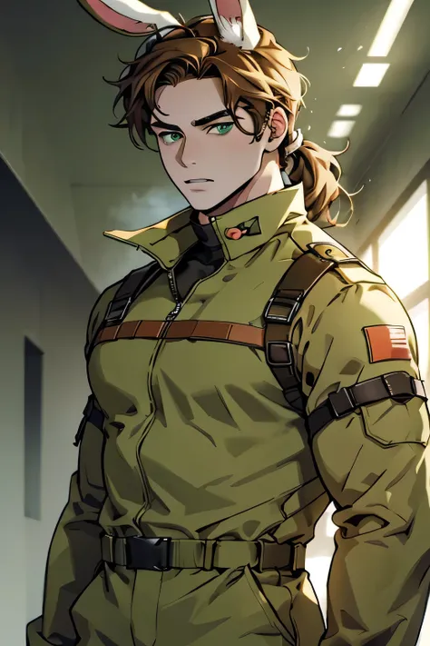 1boy, mid 20s, lean build, redish brown hair, fluffy hair, short ponytail, bunny ears (reddish brown), pale green eyes, Tactical jumpsuit, indoor background.