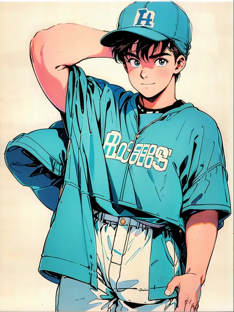 dodgers uniform、wearing a dodgers hat、white shorts style、high socks、Japanese woman with a cute smile、nice buddy、1990s anime style