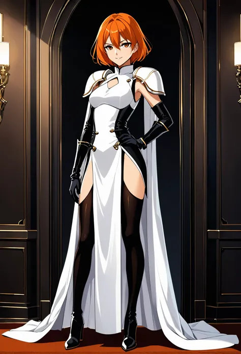 Detailed image, detailed face, anime style, woman about 40, short orange hair, Brown eyes, arrogant look, arrogant grin, medium breasts, in a white long dress with slits on the sides of the hips and sleeveless, with a cutout on the chest, in black long glo...