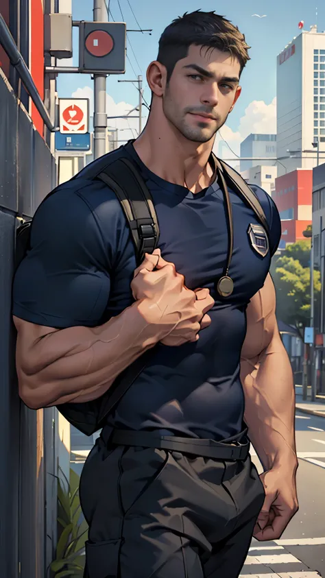 (Create a masterpiece: 1.2),(CGI art:1.3),(realistic:1.5),(After processing:1.3),(Sharp focus:1.3),1 man ,Chris Redfield , smile, (Wear color navy round neck T-shirt with a Police badge: 1.4), Navy blue cargo, Korean guy , korean men, (High gloss details),...