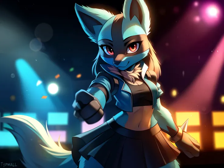 ((lucario)), ((solo)) wolf, blue fur, spikes, breasts, black crop top, ((blue open jacket)), skirt, dynamic pose, looking at vie...