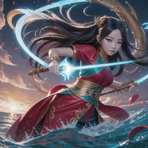 anime girl with a sword and a dragon in her hands, queen of the sea mu yanling, by yang j, anime fantasy illustration, beautiful...