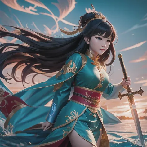 anime girl with a sword and a dragon in her hands, queen of the sea mu yanling, by yang j, anime fantasy illustration, beautiful...