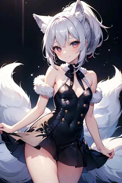 silver hair、red eye、fox ears、fluffy fox tail、girl、small breasts、ponytail、girl、small breasts、lolita、bright smile、looks like 13 ye...