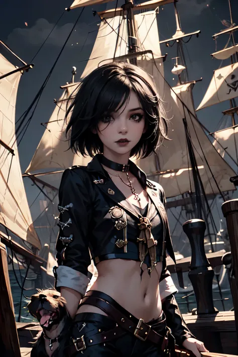 Girl, woman, emo_hairstyle, black lipstick, dog collar, eyeliner, eye shadow, smoky eyes, realistic lighting, short hair, standing up, pirate, pirate ship, pirate costume, rapier, gun.