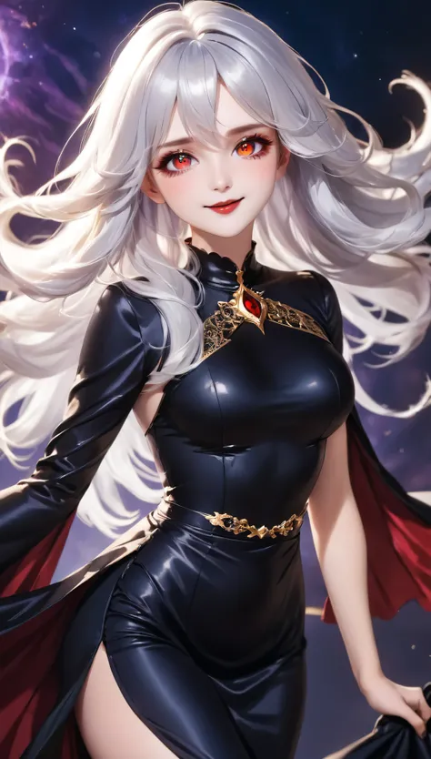 from above, best quality, super fine, 16k, incredibly absurdres, extremely detailed, delicate and dynamic, witch of unparalleled beauty, (eyes painted black, gold and red iridescent pupils), mischievous smile with upward glance, beautiful white hair blowin...