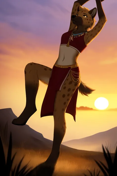 Solo, female, standing, hyena, (detailed snout), tribal outfit, (detailed accessories), dancing, Savanna, (detailed wildlife in the background), (cinematic lighting), (sunset), ((half body shadow)), (low-angle view), (three-quarter view), [backlighting], [...