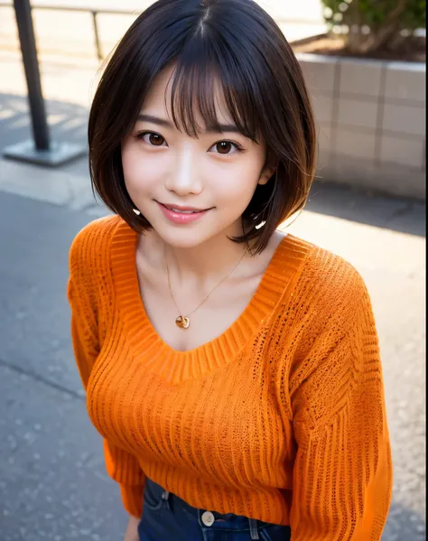 cute smile face、(Best Quality, 8K, 32K, masutepiece, nffsw:1.2),Photo of Pretty Japanese woman, Large breasts, Medium short hair、―,Upper body,Face Focus,Oversized_(((orange sweater))), Necklace,  Background, From  above, Looking at Viewer,