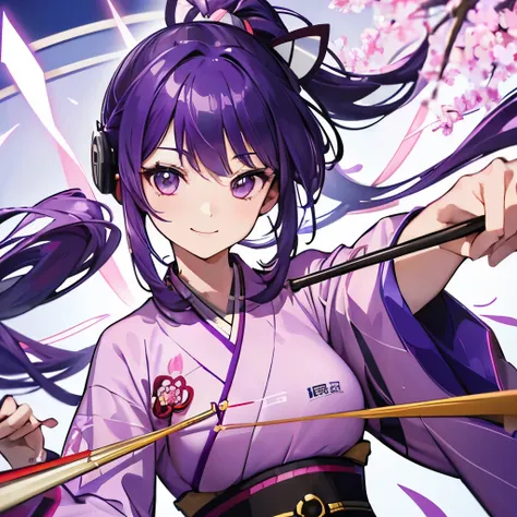 (T masterpiece，4K wallpaper，highest quality))、((girl１people々))、(一peopleで)、wonderful，(Purple Hair)、(Shortcuts:1.3)、smile、Kyudo，kimono