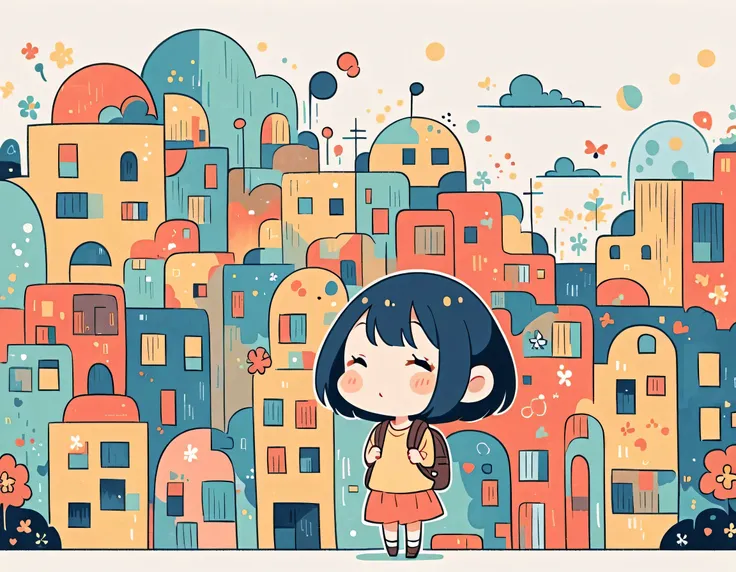 Hayao Miyazaki style, Standing in front of a high wall，Girl with backpack on rooftop，My backpack is full of happy spring，Simple Line Initialism，Abstract art，Urban Background, (((The most beautiful girl))), (((chibi)))