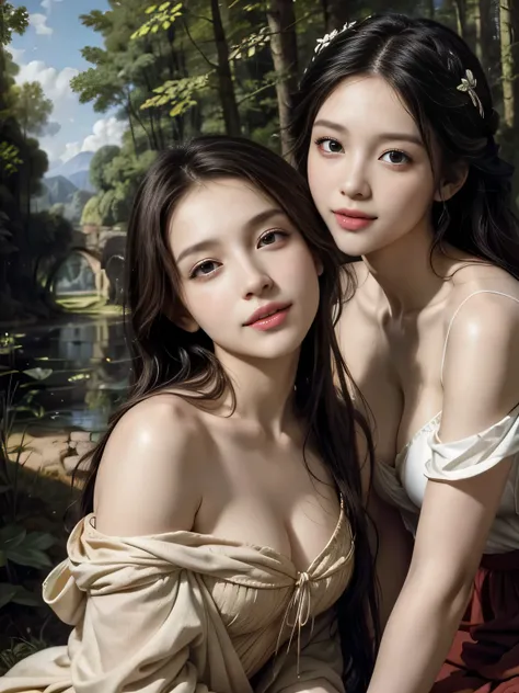 Giorgione painting style,Barbizon forest A beautiful woman in Greek dress smiles on the shore,Sweet and seductive appearance.、Caravaggios paintings、Chiaroscuro of Caravaggio、hair tousled by the wind,Two women frolicking,cute smile, expression of ecstasy,Se...