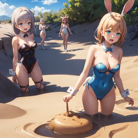 masterpiece, great quality, ultra detail, illustration, game cg, (5girls), (multiple girls), FGOErice, klaudia valentz, aichan, collarbone, cleavage, (upset), bunnygirl, bunny ears, detached collar, wrist cuffs, strapless leotard, desert, (quicksand), scre...