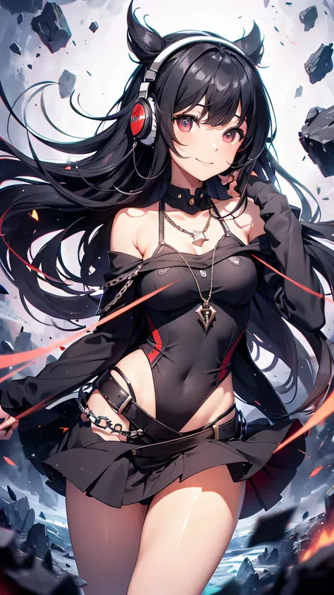 Highest quality、Highest quality、Masterpiece、girl((20-year-old、as soon as、Highest Bust、Medium Bust、Wide open chest、Red glowing eyes、Black Ear、Red Mesh、Disheveled Hair、Loincloth、thin、The best valley、Open chest、hair ornaments、Full body view、Black Universe Sui...