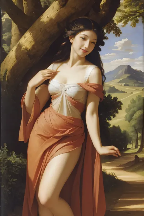 Giorgione painting style,Barbizon forest A beautiful woman in Greek dress smiles on the shore,Sweet and seductive appearance.、Caravaggios paintings、Chiaroscuro of Caravaggio、hair tousled by the wind,Two women frolicking,cute smile, expression of ecstasy,Se...