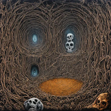 a painting of a hole with skeletons inside of it, an ultrafine detailed painting by Alex Grey, tumblr, psychedelic art, scary detailed art in color, highly detailed dark art, macabre art, hyperrealistic hell, detailed 3d gothic oil painting, just art for d...