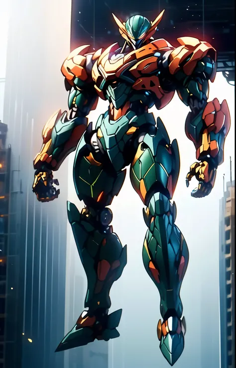 Humanoid Mecha, fully enclosed shoulder guards, matching arm and leg guards, full body, full armor, the design balances heavy with agility, (the color scheme is primarily white with red and blue accents, the concept Inspired by Super robot, organic biotech...