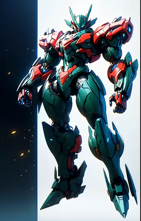 Humanoid Mecha, fully enclosed shoulder guards, matching arm and leg guards, full body, full armor, the design balances heavy with agility, (the color scheme is primarily white with red and blue accents, the concept Inspired by Super robot, organic biotech...