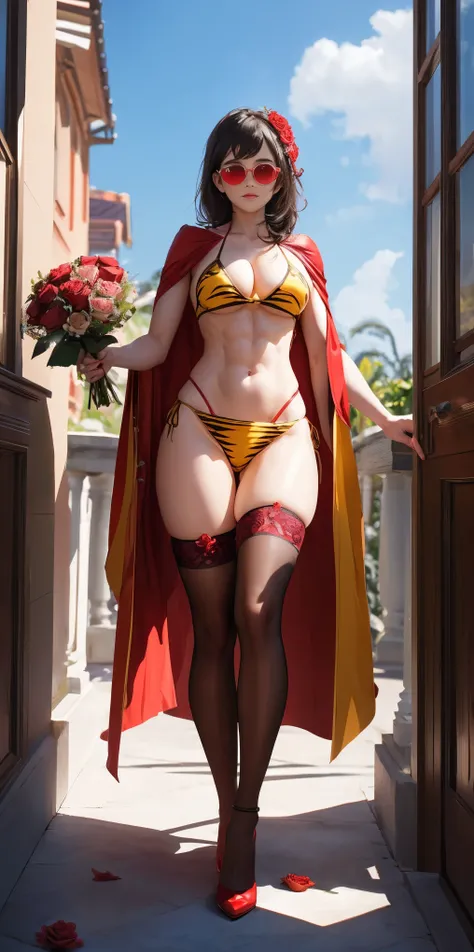 Full body, masterpiece, female Lin Yuan standing pose (yellow tiger bikini), red cape, red bikini, strong body, abs, Shiny Skin, Sunglasses, FEMALE, big breasts, voluminous breasts, curvy breasts, mesh stockings, standing with a bouquet (red roses), full h...