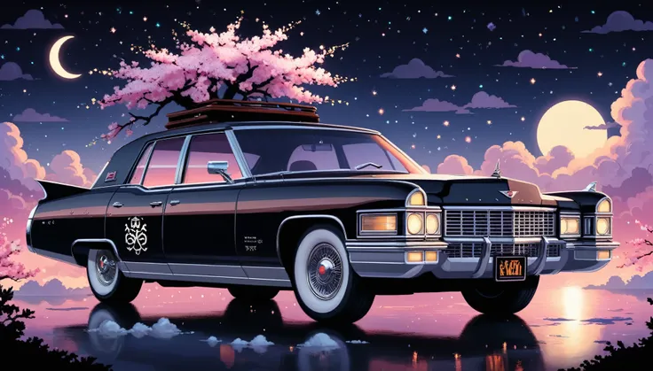 Light Epic Class (Cute cartoon pixel illustration:1.2), (A masterpiece with up to 16K resolution, good quality, Super detailed:1.3), side view of a grand (Strange:1.2) Cadillac (Takanawa) and (Distinctive features, decorated with runes and folding roof), P...