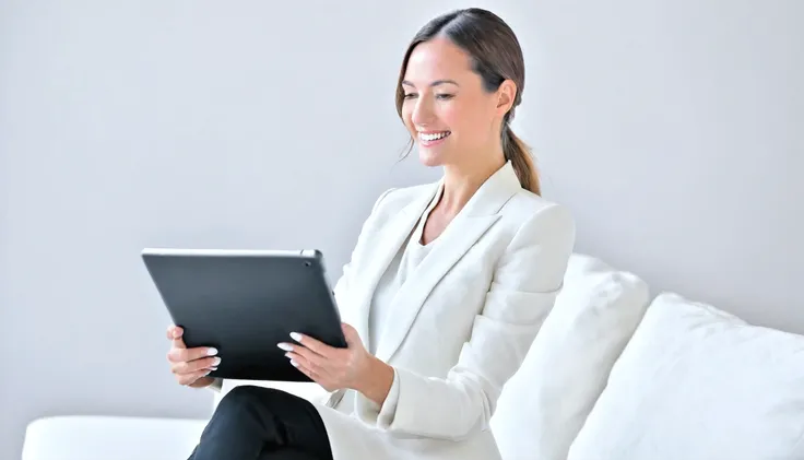 happy real estate woman using digital tablet