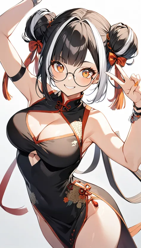 1girl, breasts, solo, double_bun, hair_bun, round_eyewear, dress, china_dress, smile, chinese_clothes, bracelet, circle_glasses, large_breasts, cleavage, multicolored_hair, looking_at_viewer, cleavage_cutout, jewelry, black_hair, clothing_cutout, white_bac...